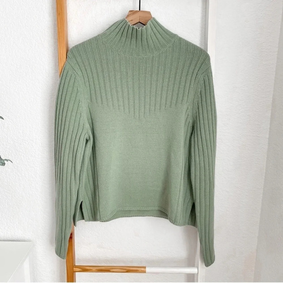Sally Lapointe Merino Wool Cashmere Rib Sweater Turtleneck Jade Sage Green L - Picture 3 of 11